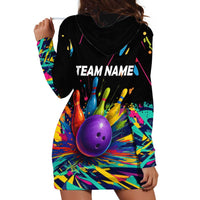 Custom Bowling Strike Design Hoodie Dress Colorful Pins and Purple Ball in Abstract Splatter Art Style - Wonder Print Shop