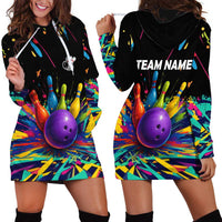 Custom Bowling Strike Design Hoodie Dress Colorful Pins and Purple Ball in Abstract Splatter Art Style - Wonder Print Shop