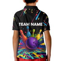 Custom Bowling Strike Design Kid Polo Shirt Colorful Pins and Purple Ball in Abstract Splatter Art Style - Wonder Print Shop