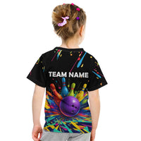 Custom Bowling Strike Design Kid T Shirt Colorful Pins and Purple Ball in Abstract Splatter Art Style - Wonder Print Shop