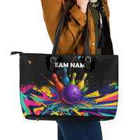 Custom Bowling Strike Design Leather Tote Bag Colorful Pins and Purple Ball in Abstract Splatter Art Style - Wonder Print Shop