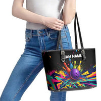 Custom Bowling Strike Design Leather Tote Bag Colorful Pins and Purple Ball in Abstract Splatter Art Style - Wonder Print Shop