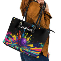 Custom Bowling Strike Design Leather Tote Bag Colorful Pins and Purple Ball in Abstract Splatter Art Style - Wonder Print Shop