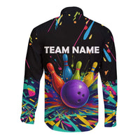 Custom Bowling Strike Design Long Sleeve Button Shirt Colorful Pins and Purple Ball in Abstract Splatter Art Style - Wonder Print Shop