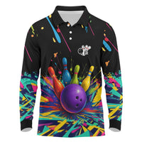 Custom Bowling Strike Design Long Sleeve Polo Shirt Colorful Pins and Purple Ball in Abstract Splatter Art Style - Wonder Print Shop
