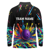 Custom Bowling Strike Design Long Sleeve Polo Shirt Colorful Pins and Purple Ball in Abstract Splatter Art Style - Wonder Print Shop