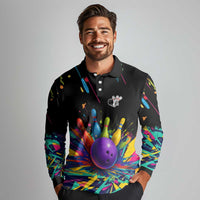 Custom Bowling Strike Design Long Sleeve Polo Shirt Colorful Pins and Purple Ball in Abstract Splatter Art Style - Wonder Print Shop