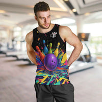 Custom Bowling Strike Design Men Tank Top Colorful Pins and Purple Ball in Abstract Splatter Art Style - Wonder Print Shop