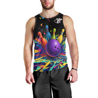 Custom Bowling Strike Design Men Tank Top Colorful Pins and Purple Ball in Abstract Splatter Art Style - Wonder Print Shop