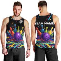 Custom Bowling Strike Design Men Tank Top Colorful Pins and Purple Ball in Abstract Splatter Art Style - Wonder Print Shop