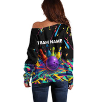 Custom Bowling Strike Design Off Shoulder Sweater Colorful Pins and Purple Ball in Abstract Splatter Art Style - Wonder Print Shop
