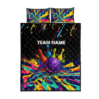 Custom Bowling Strike Design Quilt Bed Set Colorful Pins and Purple Ball in Abstract Splatter Art Style - Wonder Print Shop