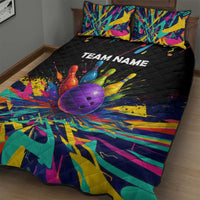 Custom Bowling Strike Design Quilt Bed Set Colorful Pins and Purple Ball in Abstract Splatter Art Style - Wonder Print Shop
