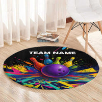 Custom Bowling Strike Design Round Carpet Colorful Pins and Purple Ball in Abstract Splatter Art Style - Wonder Print Shop