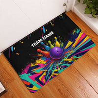 Custom Bowling Strike Design Rubber Doormat Colorful Pins and Purple Ball in Abstract Splatter Art Style - Wonder Print Shop