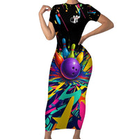Custom Bowling Strike Design Short Sleeve Bodycon Dress Colorful Pins and Purple Ball in Abstract Splatter Art Style - Wonder Print Shop