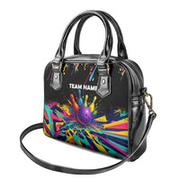 Custom Bowling Strike Design Shoulder Handbag Colorful Pins and Purple Ball in Abstract Splatter Art Style - Wonder Print Shop