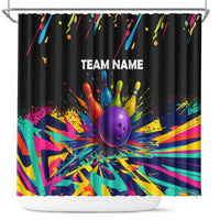 Custom Bowling Strike Design Shower Curtain Colorful Pins and Purple Ball in Abstract Splatter Art Style - Wonder Print Shop