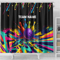 Custom Bowling Strike Design Shower Curtain Colorful Pins and Purple Ball in Abstract Splatter Art Style - Wonder Print Shop