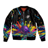 Custom Bowling Strike Design Sleeve Zip Bomber Jacket Colorful Pins and Purple Ball in Abstract Splatter Art Style - Wonder Print Shop