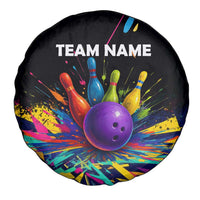 Custom Bowling Strike Design Spare Tire Cover Colorful Pins and Purple Ball in Abstract Splatter Art Style - Wonder Print Shop
