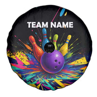 Custom Bowling Strike Design Spare Tire Cover Colorful Pins and Purple Ball in Abstract Splatter Art Style - Wonder Print Shop