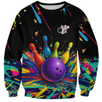 Custom Bowling Strike Design Sweatshirt Colorful Pins and Purple Ball in Abstract Splatter Art Style - Wonder Print Shop