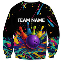 Custom Bowling Strike Design Sweatshirt Colorful Pins and Purple Ball in Abstract Splatter Art Style - Wonder Print Shop