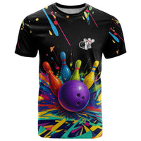 Custom Bowling Strike Design T Shirt Colorful Pins and Purple Ball in Abstract Splatter Art Style - Wonder Print Shop