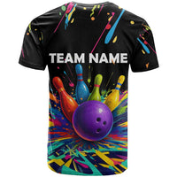 Custom Bowling Strike Design T Shirt Colorful Pins and Purple Ball in Abstract Splatter Art Style - Wonder Print Shop