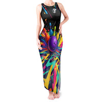 Custom Bowling Strike Design Tank Maxi Dress Colorful Pins and Purple Ball in Abstract Splatter Art Style - Wonder Print Shop