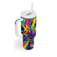 Custom Bowling Strike Design Tumbler With Handle Colorful Pins and Purple Ball in Abstract Splatter Art Style - Wonder Print Shop
