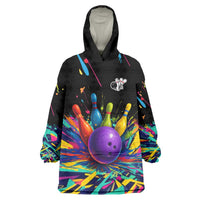 Custom Bowling Strike Design Wearable Blanket Hoodie Colorful Pins and Purple Ball in Abstract Splatter Art Style - Wonder Print Shop