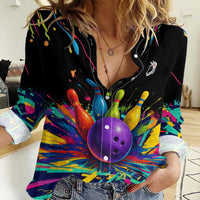 Custom Bowling Strike Design Women Casual Shirt Colorful Pins and Purple Ball in Abstract Splatter Art Style - Wonder Print Shop