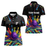 Custom Bowling Strike Design Women Polo Shirt Colorful Pins and Purple Ball in Abstract Splatter Art Style - Wonder Print Shop