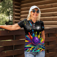Custom Bowling Strike Design Women Polo Shirt Colorful Pins and Purple Ball in Abstract Splatter Art Style - Wonder Print Shop