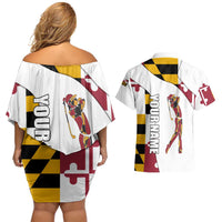 Golf Player Silhouette Couples Matching Off Shoulder Short Dress and Hawaiian Shirt Maryland Flag Pattern and Custom Name Panel Design - Wonder Print Shop