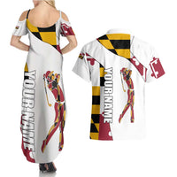 Golf Player Silhouette Couples Matching Summer Maxi Dress and Hawaiian Shirt Maryland Flag Pattern and Custom Name Panel Design - Wonder Print Shop