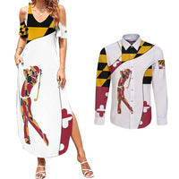 Golf Player Silhouette Couples Matching Summer Maxi Dress and Long Sleeve Button Shirt Maryland Flag Pattern and Custom Name Panel Design - Wonder Print Shop