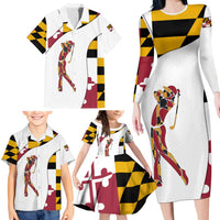 Golf Player Silhouette Family Matching Long Sleeve Bodycon Dress and Hawaiian Shirt Maryland Flag Pattern and Custom Name Panel Design - Wonder Print Shop