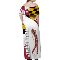 Golf Player Silhouette Family Matching Off Shoulder Maxi Dress and Hawaiian Shirt Maryland Flag Pattern and Custom Name Panel Design - Wonder Print Shop