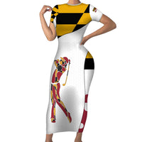 Golf Player Silhouette Family Matching Short Sleeve Bodycon Dress and Hawaiian Shirt Maryland Flag Pattern and Custom Name Panel Design - Wonder Print Shop