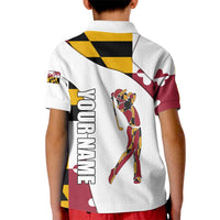 Golf Player Silhouette Kid Polo Shirt Maryland Flag Pattern and Custom Name Panel Design - Wonder Print Shop