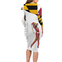 Golf Player Silhouette Long Sleeve Bodycon Dress Maryland Flag Pattern and Custom Name Panel Design - Wonder Print Shop