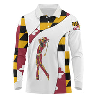 Golf Player Silhouette Long Sleeve Polo Shirt Maryland Flag Pattern and Custom Name Panel Design - Wonder Print Shop
