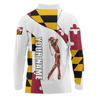 Golf Player Silhouette Long Sleeve Polo Shirt Maryland Flag Pattern and Custom Name Panel Design - Wonder Print Shop