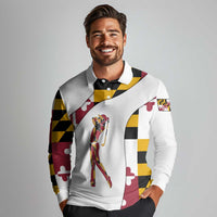 Golf Player Silhouette Long Sleeve Polo Shirt Maryland Flag Pattern and Custom Name Panel Design - Wonder Print Shop