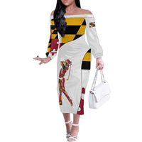 Golf Player Silhouette Off The Shoulder Long Sleeve Dress Maryland Flag Pattern and Custom Name Panel Design - Wonder Print Shop