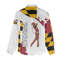 Golf Player Silhouette Women Casual Shirt Maryland Flag Pattern and Custom Name Panel Design - Wonder Print Shop