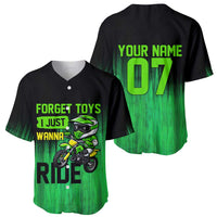 Green Dirt Bike Rider Baseball Jersey Forget Toys I Just Wanna Ride Quote and Custom Racing Name Design - Wonder Print Shop